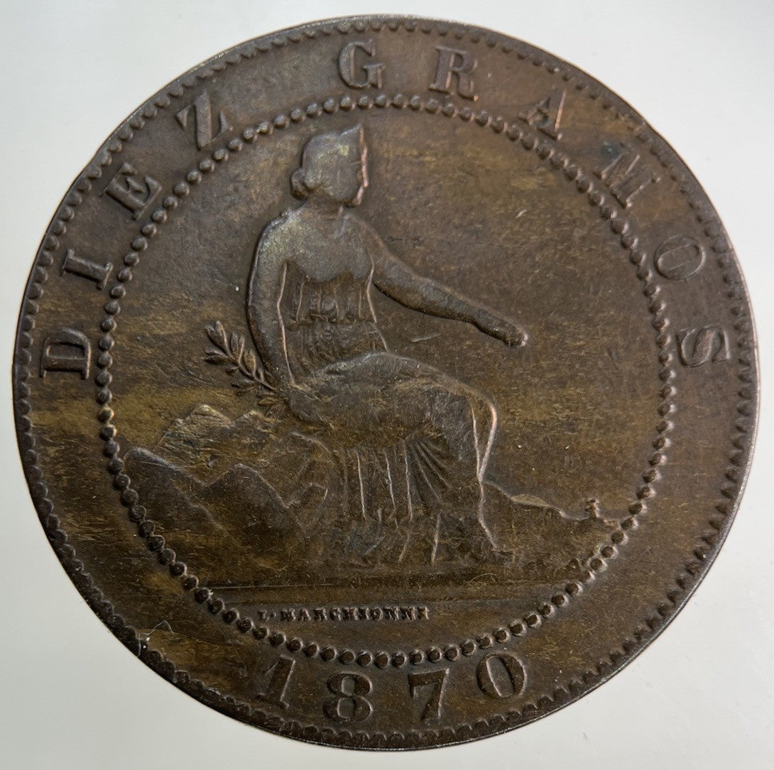 1870 Spain 10 Centimos Coin | Fine Collectable Grade