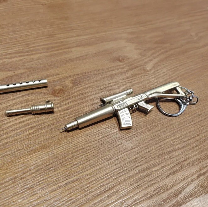 Assault Rifle Gold Gun Shaped Gel Ink Pen Keyring Premium Keychain Gift UK