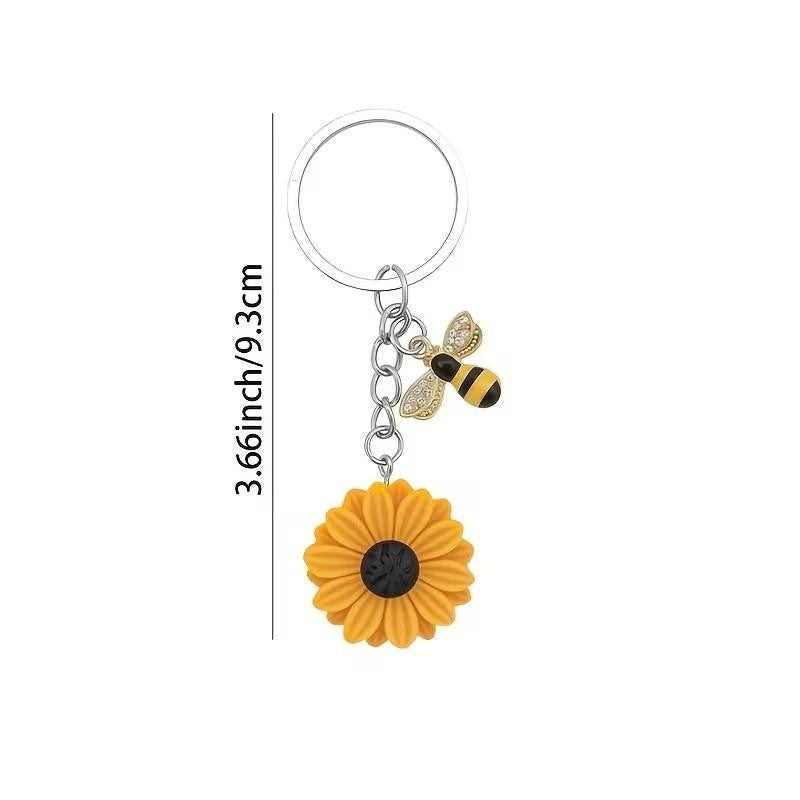 Metal Honey Bee & Sunflower Charm Keyring Keychain Gift UK