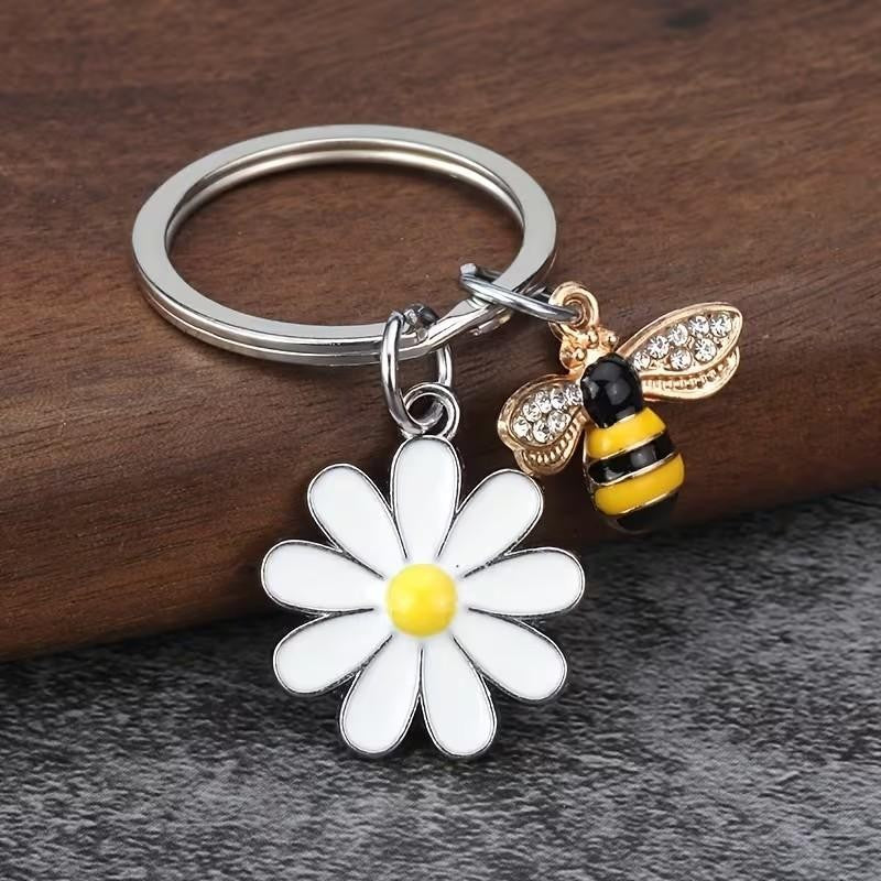 Metal Honey Bee & Daisy Charm Keyring Keychain Gift UK