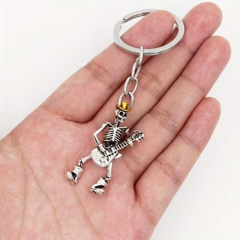 Mini Metal Skeleton Playing Guitar With Golden Hat Keyring Keychain Gift UK