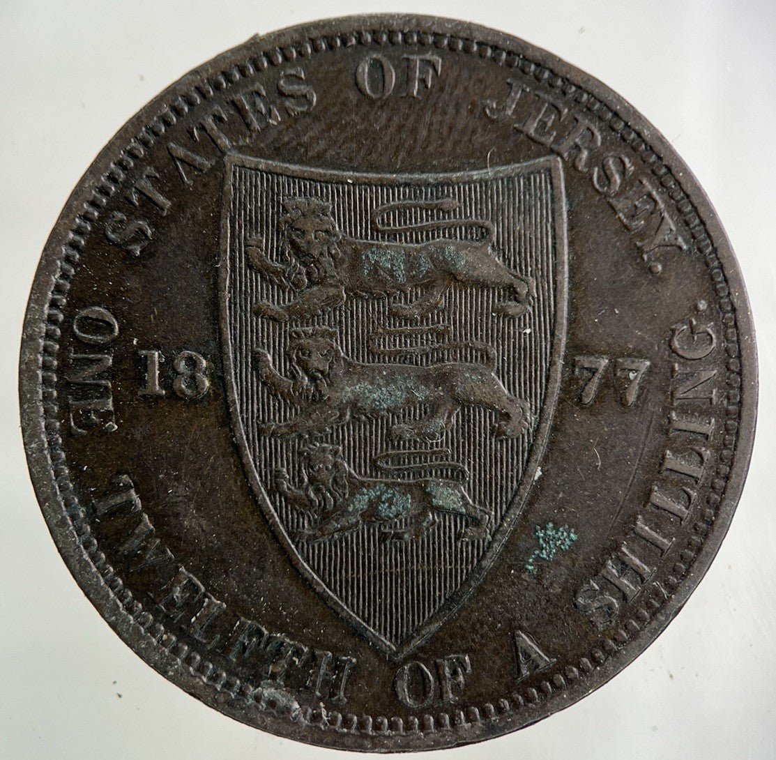 1877 Jersey 1/12 One Twelfth Of A Shilling Coin | Fine Collectable Grade