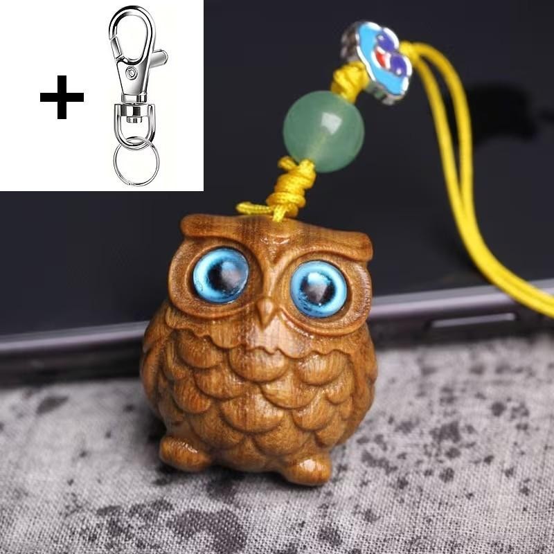 Mini Carved Wooden Blue Eyed Owl Charm Keyring Keychain Phone Srap Gift UK