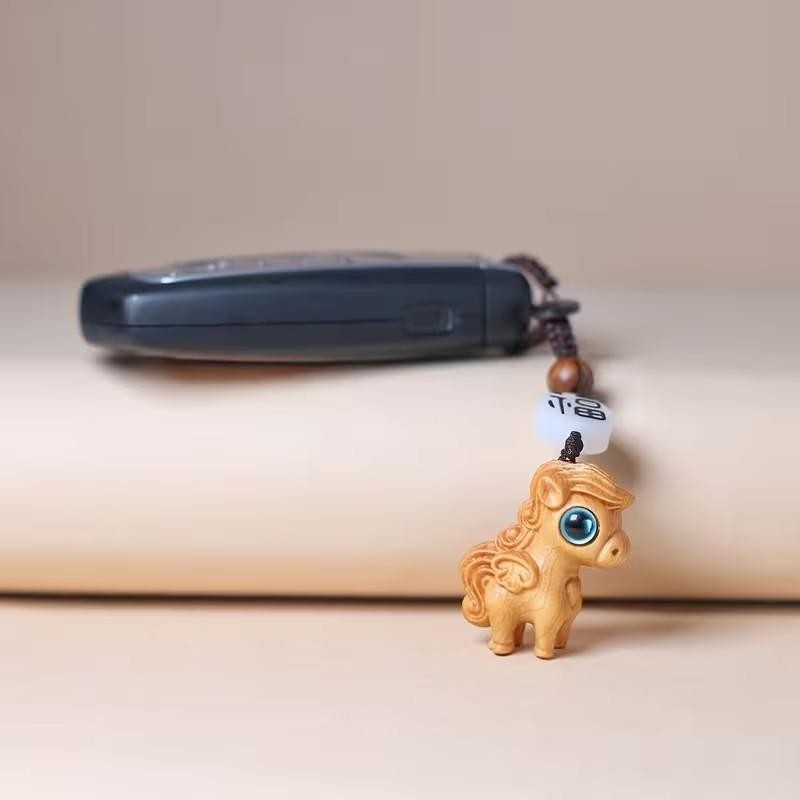 Mini Carved Wooden Blue Eyed Horse Pony Charm Keyring Keychain Gift UK