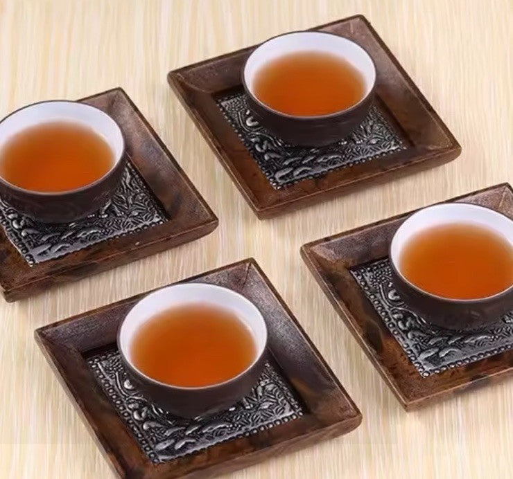 1 x Wooden Carved Coaster With Metal Elephant Liner Tabletop Coffee Drink Tray