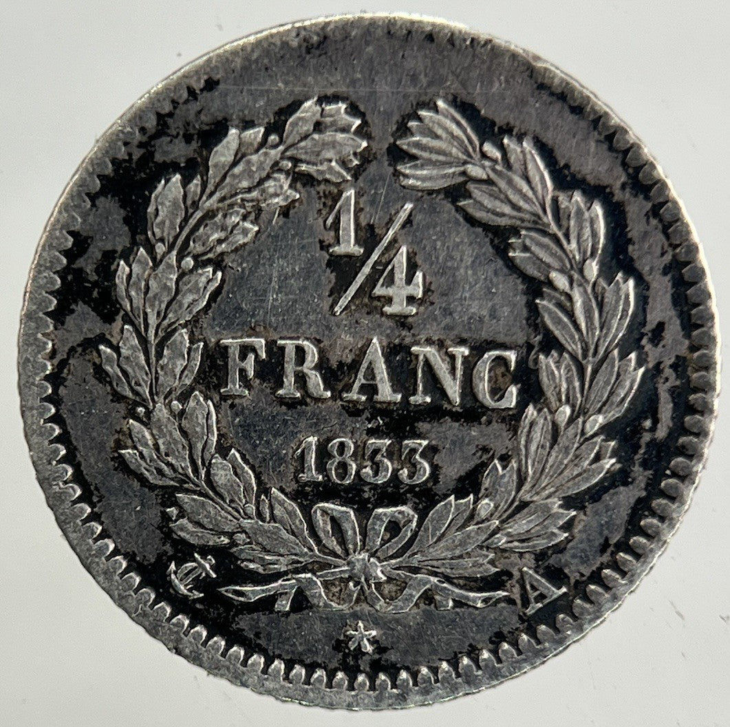 1833 France 1/4 Quarter Franc Silver Coin | Fine Collectable Grade