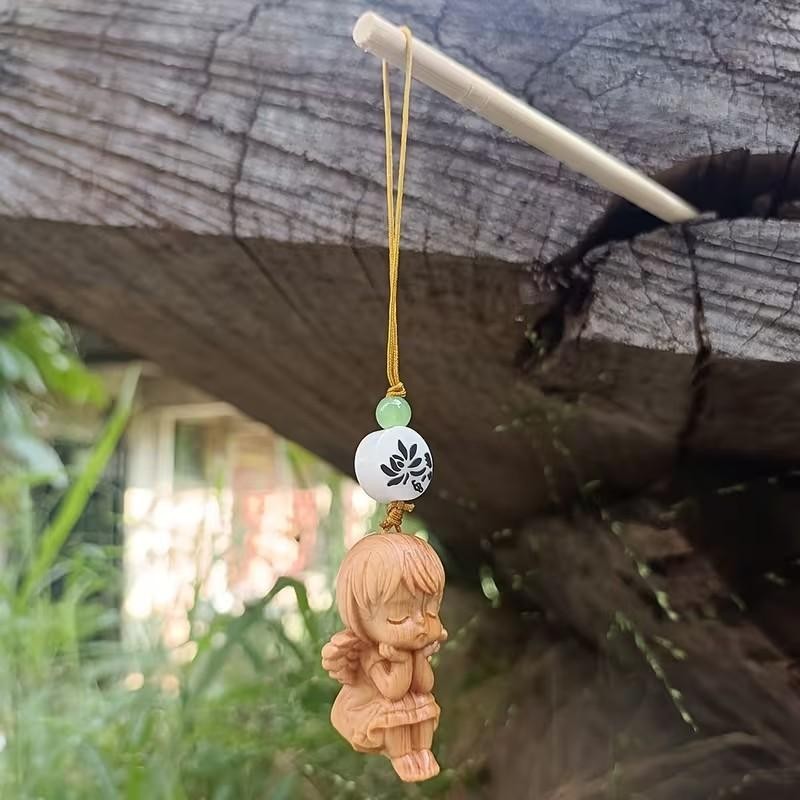 Mini Carved Wooden Cute Sitting Fairy Charm Keyring Keychain Phone Strap Gift UK