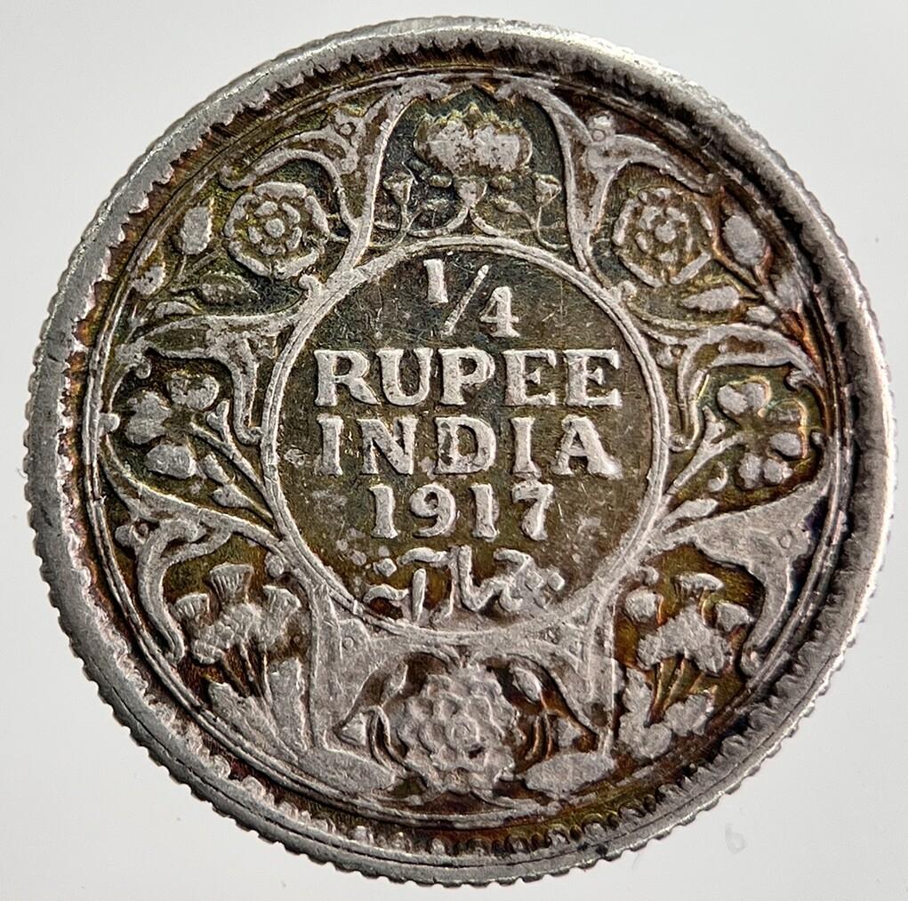 1917 India 1/4 Quarter Rupee Silver Coin | Fine Collectable Grade | a8411