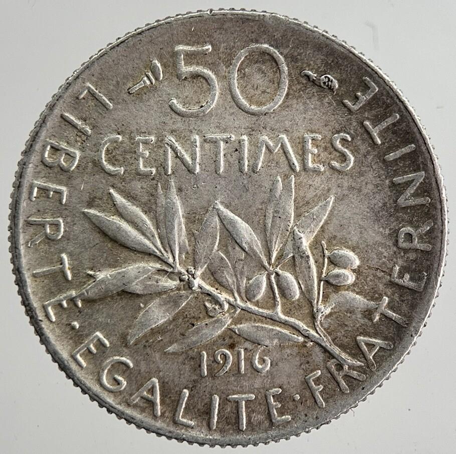 1916 France 50 Centimes Cents Silver Coin | Fine Collectable Grade | a8368