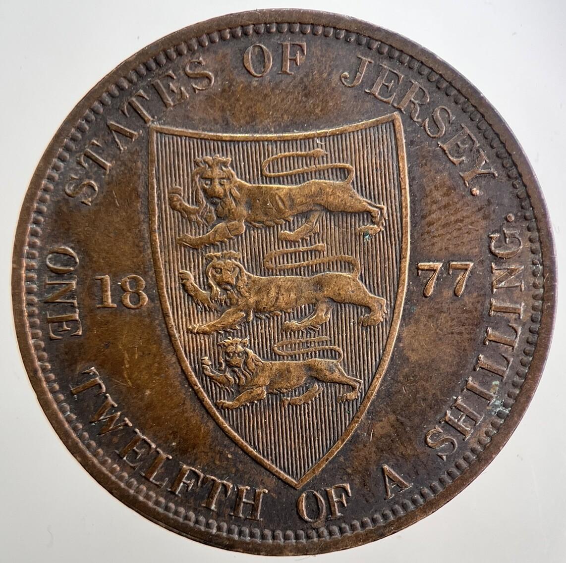 1877 Jersey 1/12th One-Twelfth-Of-A-Shilling Coin | Very Fine Grade