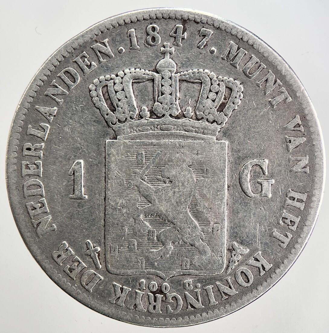 1847 Netherlands 1 One Gulden Silver Coin | Fine Collectable Grade