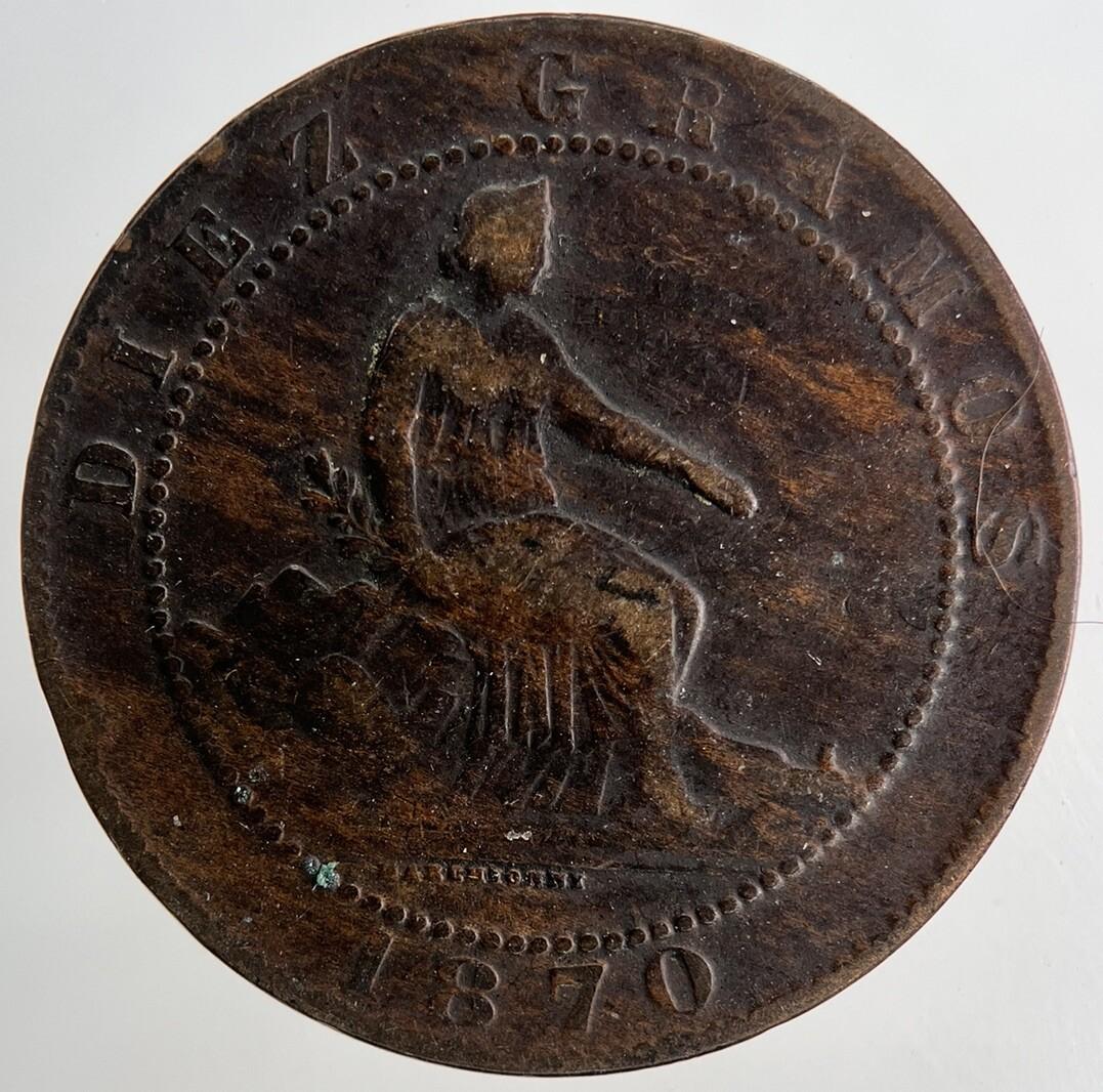 1870 Spain Diez 10 Centimos Coin | Fine Collectable Grade | a9114