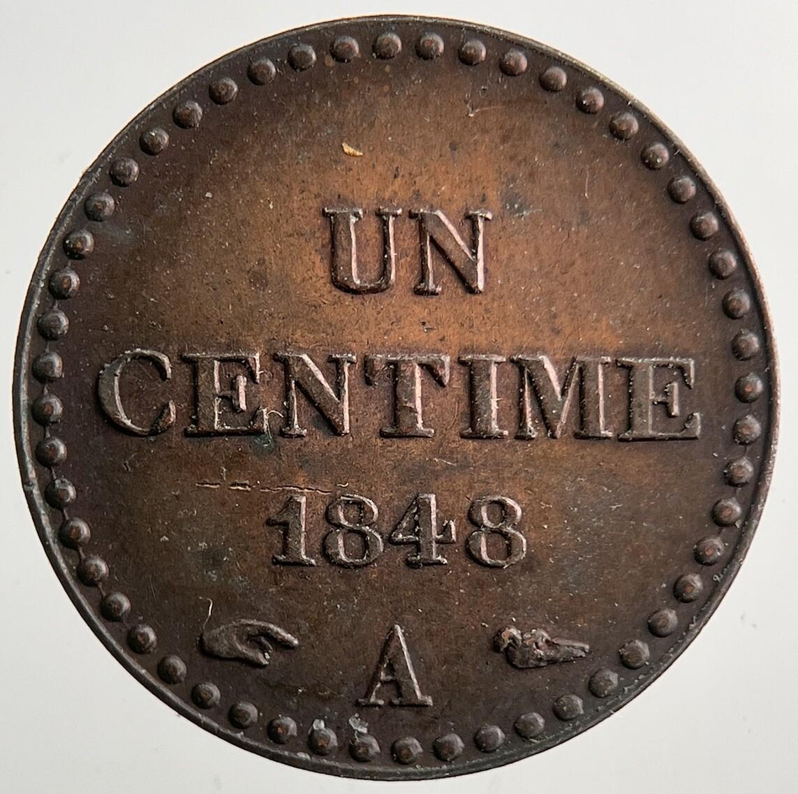 1848 France 1 Cent Centime Coin | Very Fine Grade | a9226