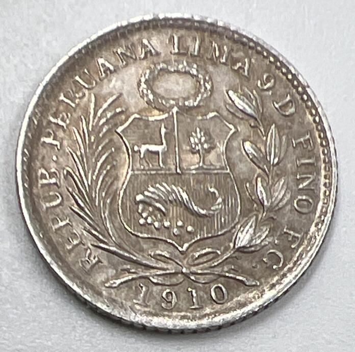 1910 Half 1/2 Dinero | Peru Silver Coin | Very Fine Grade | a938