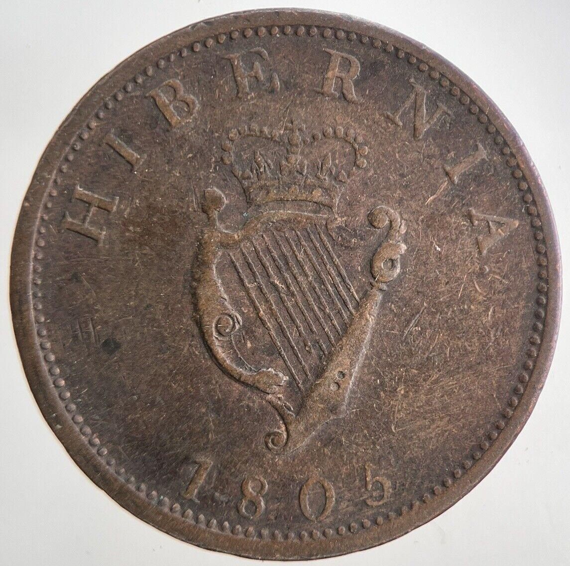1805 Irish Hibernia Half-Penny Coin | Fine Collectable Grade | a7389