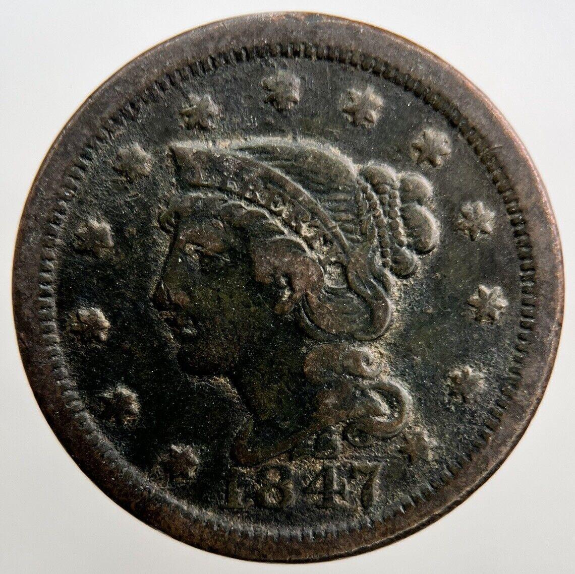 1847 US USA Braided Hair Large 1 One Cent Coin | Fine Collectable Grade | a1501