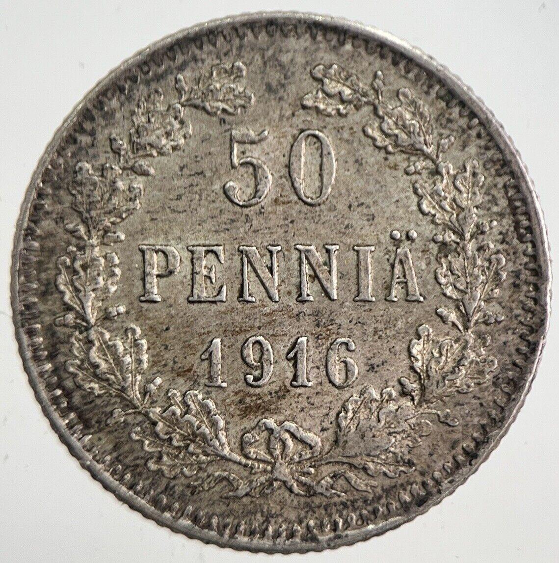 1916 Finland 50 Pennia Silver Coin | Very High Grade | a4854