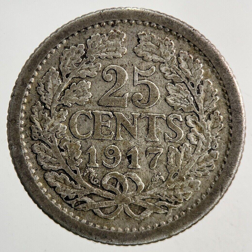 1917 Netherlands 25 Cents Silver Coin | Fine Collectable Grade