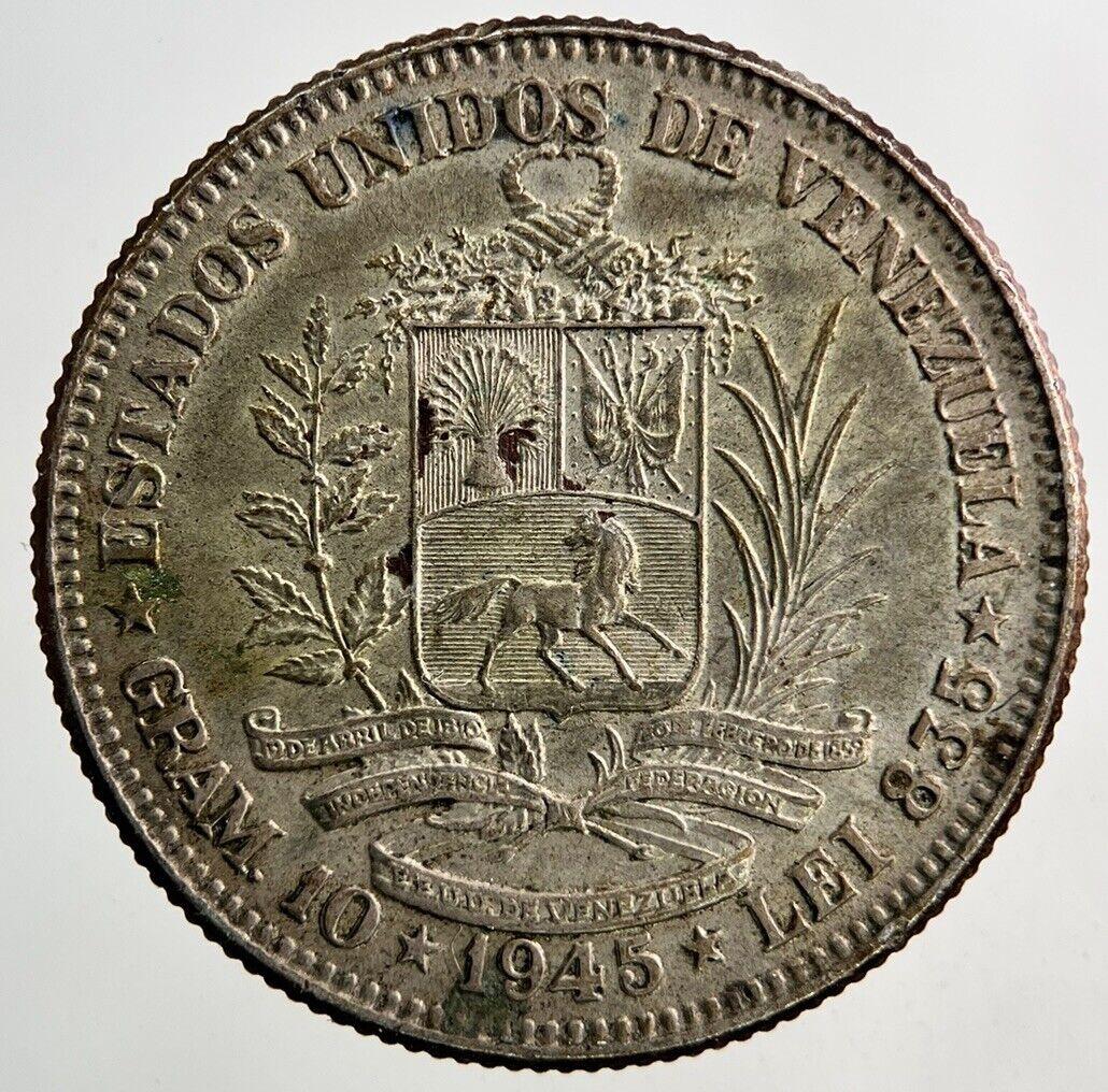 1945 Venezuela 2 Bolivares Silver Coin | Very High Grade