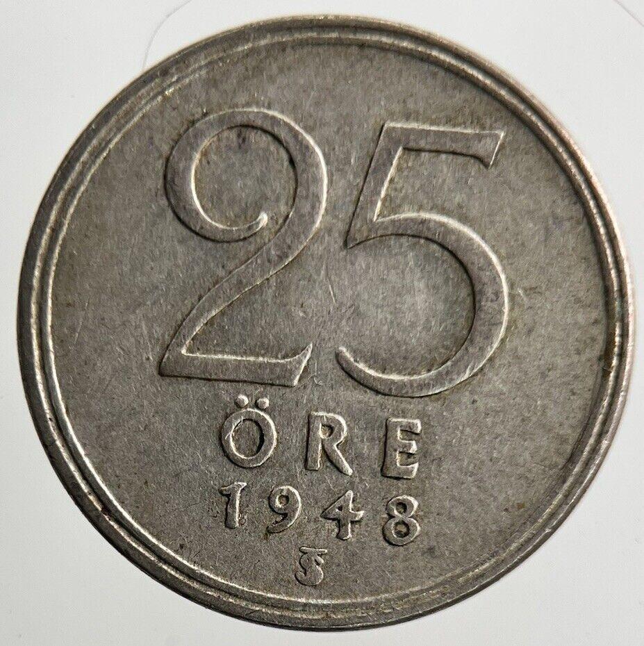 1948 Sweden 25 Ore Silver Coin | Fine Collectable Grade
