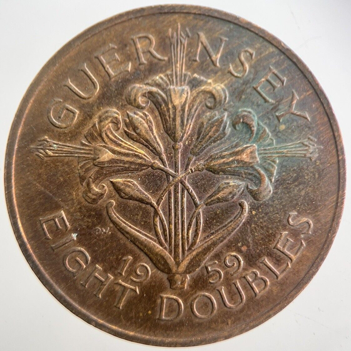 1959 Guernsey 8 Doubles Coin | Very High Grade | a7607