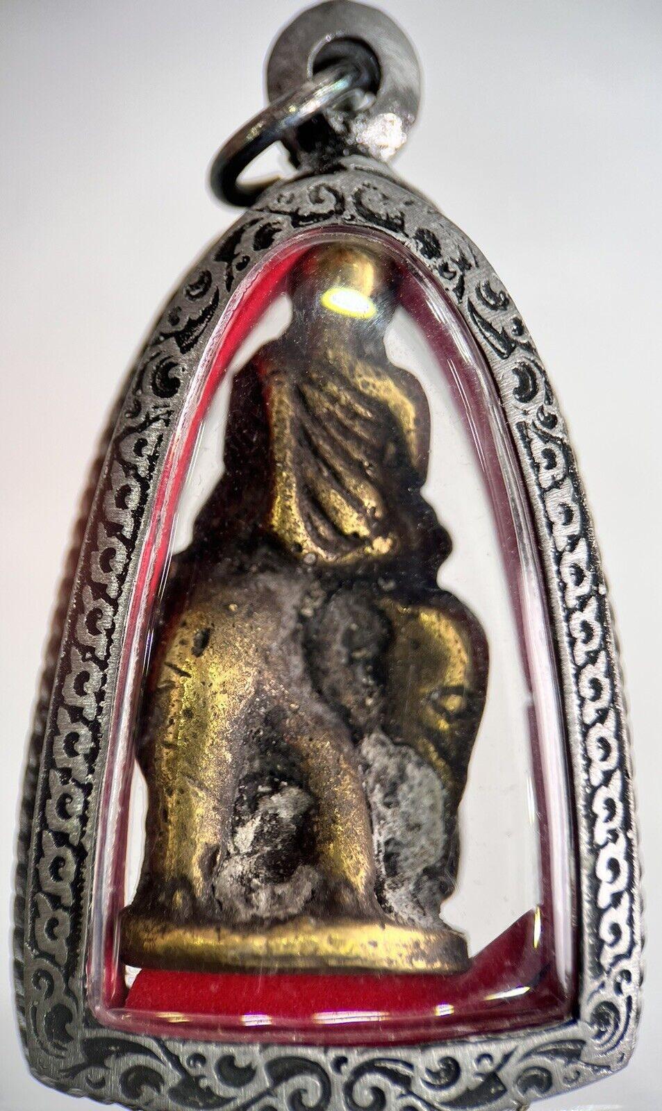 Old Thailand Thai Monk Elephant Charm Metal Statue Amulet | Height 6cm