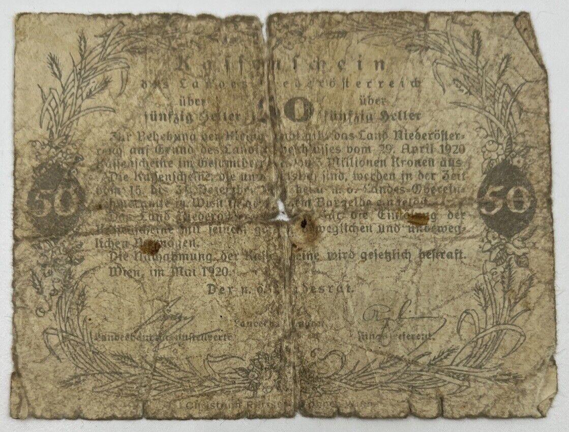 Old Vintage Austria 50 Heller Banknote | Collectable Grade