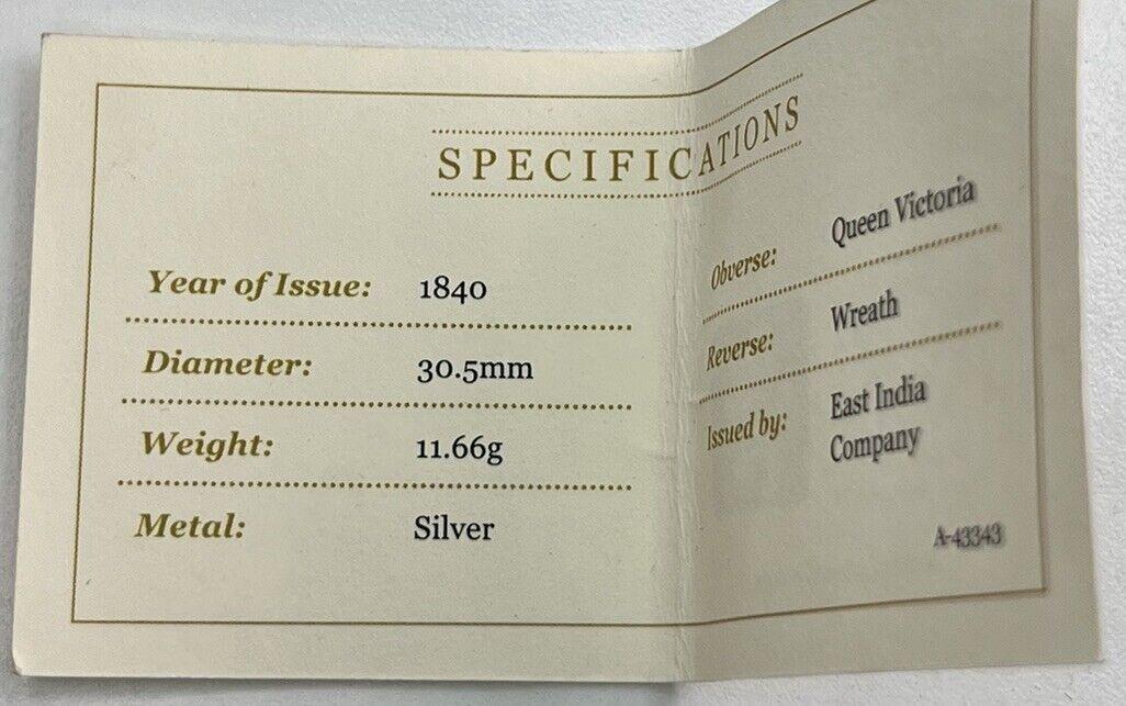 1840 East India Company Rupee Silver Coin + COA | Very High Grade | a2194