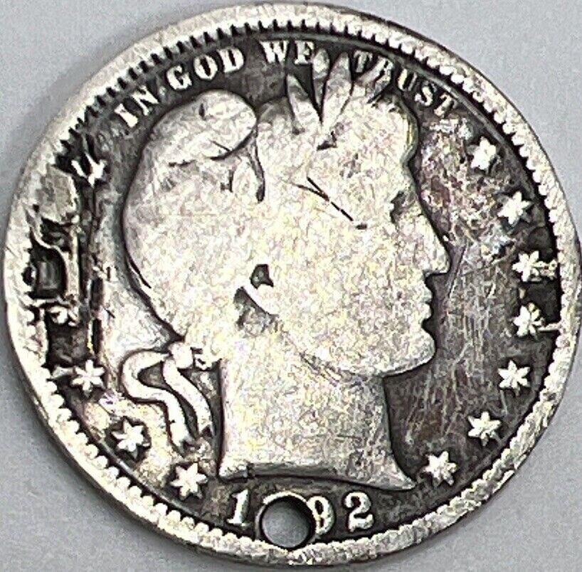 1892 US USA Barber Quarter (Holed) | American Silver Coin | Fair Grade | a381