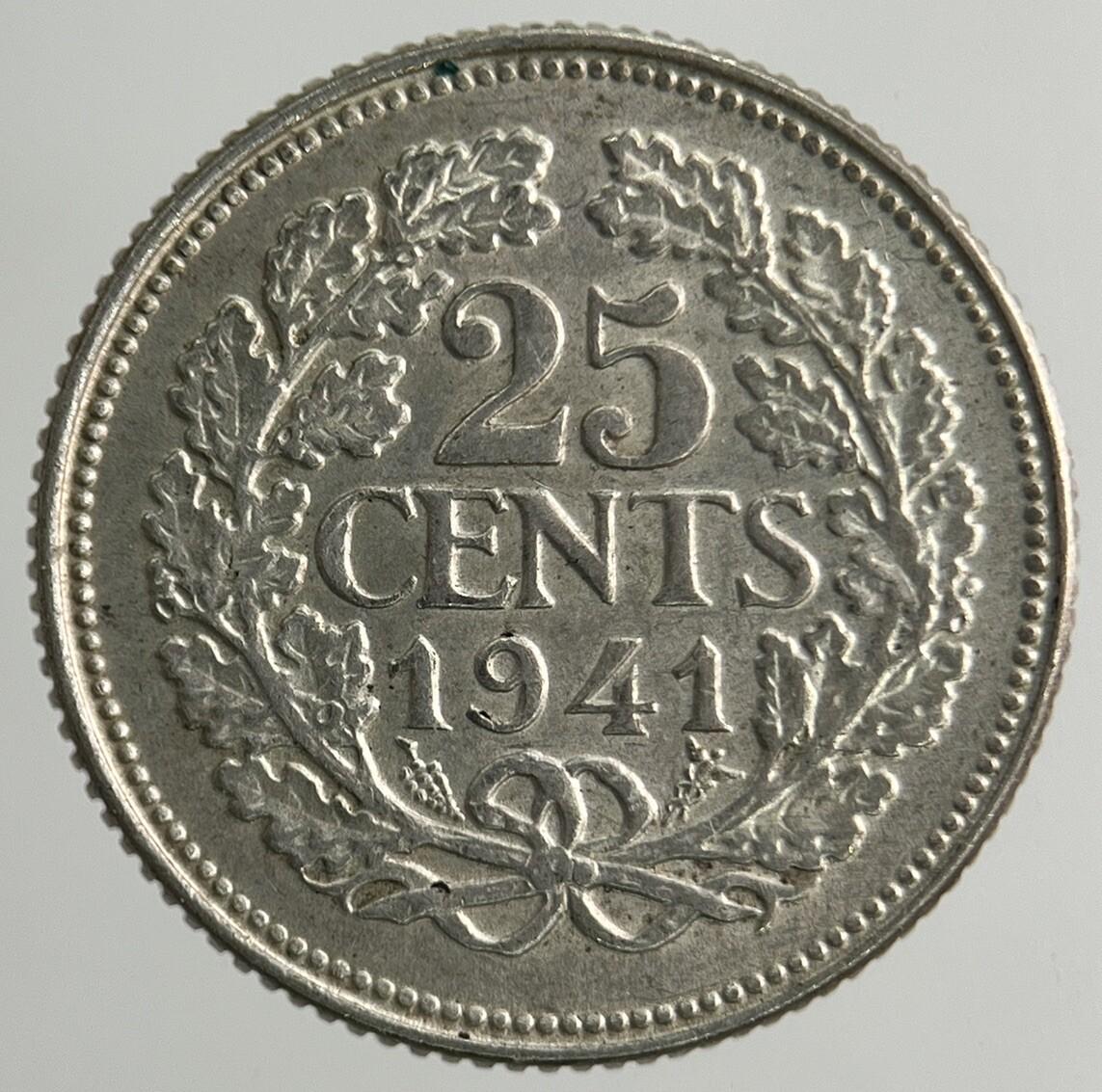 1941 Netherlands 25 Cents Silver Coin | Very High Grade