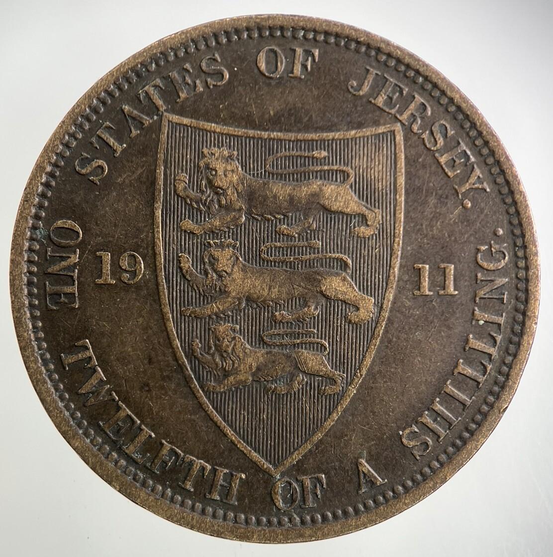 1911 Jersey 1/12 One Twelfth Of A Shilling Coin | Fine Collectable Grade