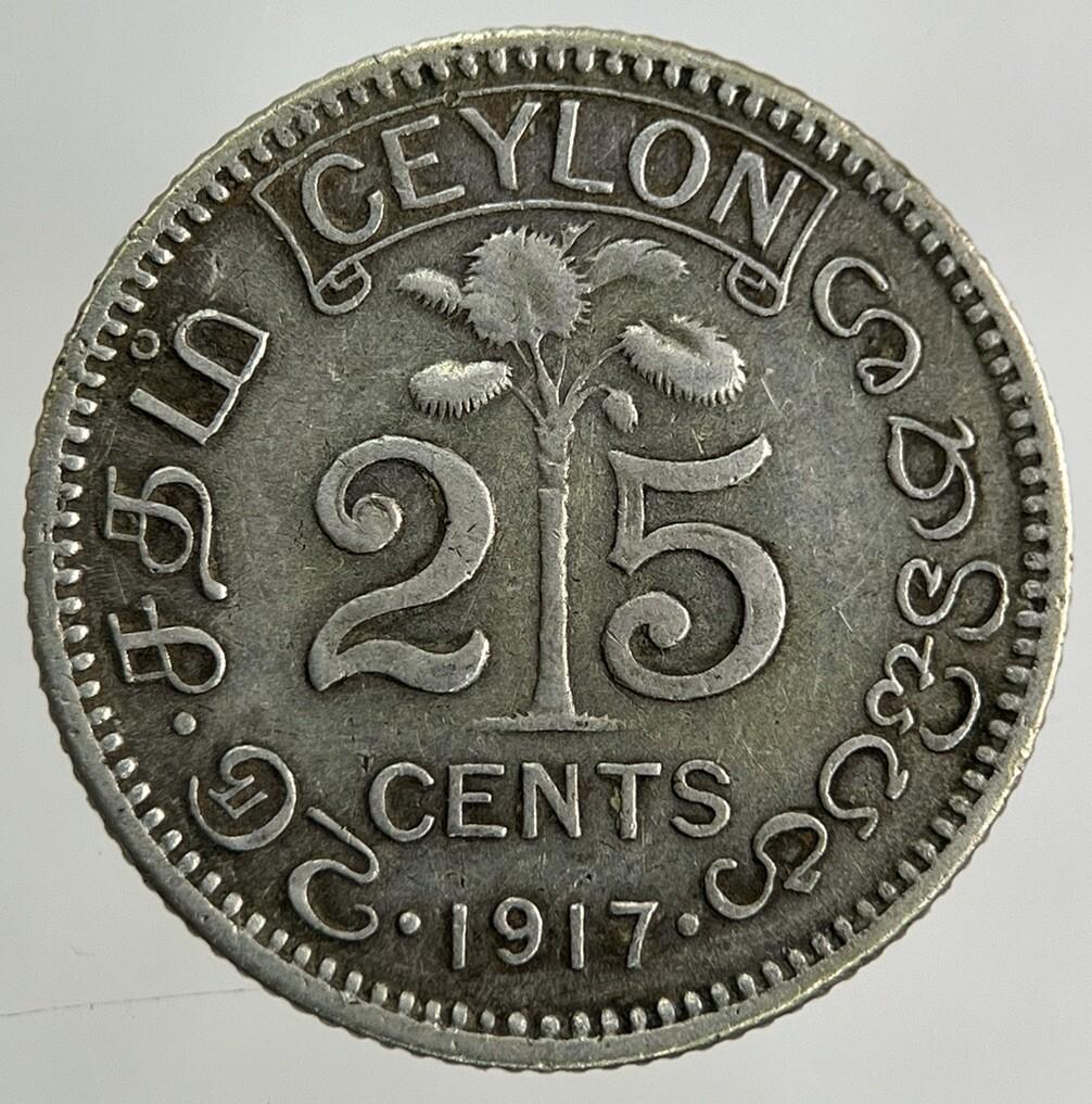 1917 Ceylon 25 Cents Silver Coin | Fine Collectable Grade