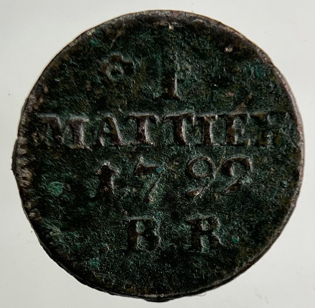 1792 Germany German States 1 Mattier Coin | Fine Collectable Grade
