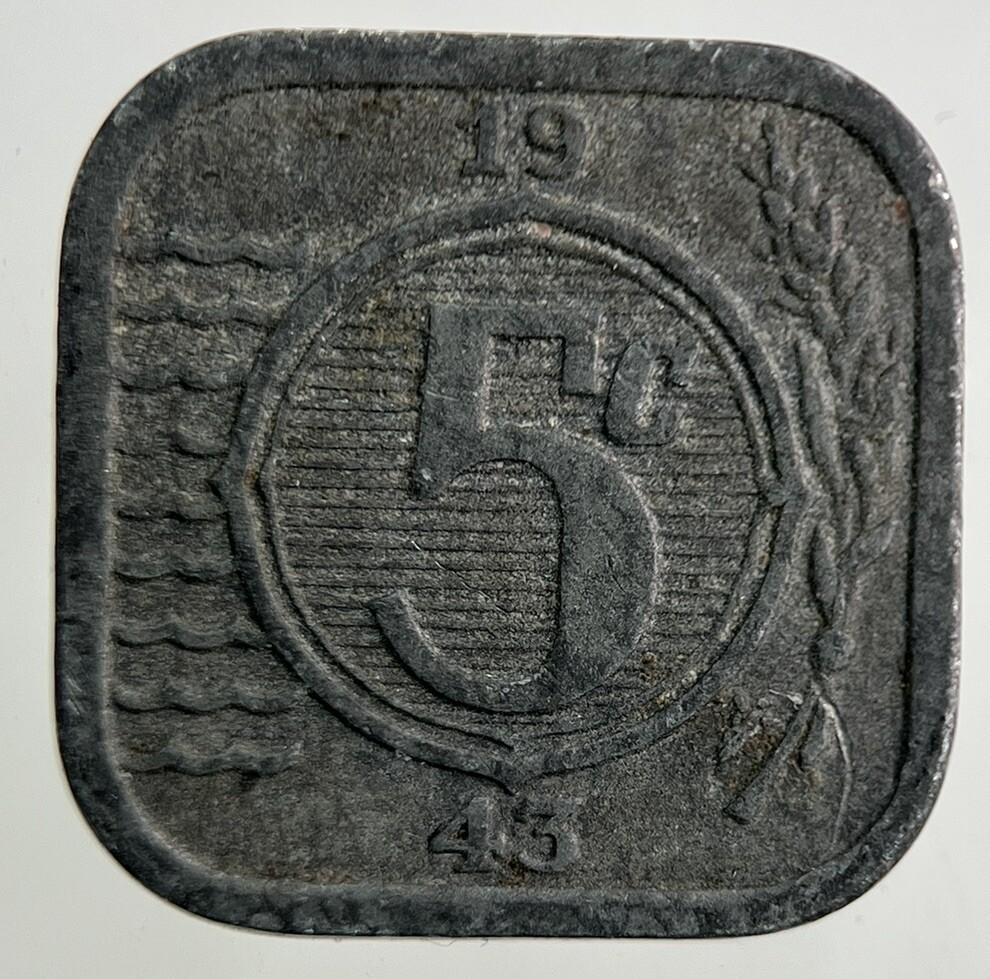 1943 Netherlands 5 Cents Coin | Fine Collectable Grade