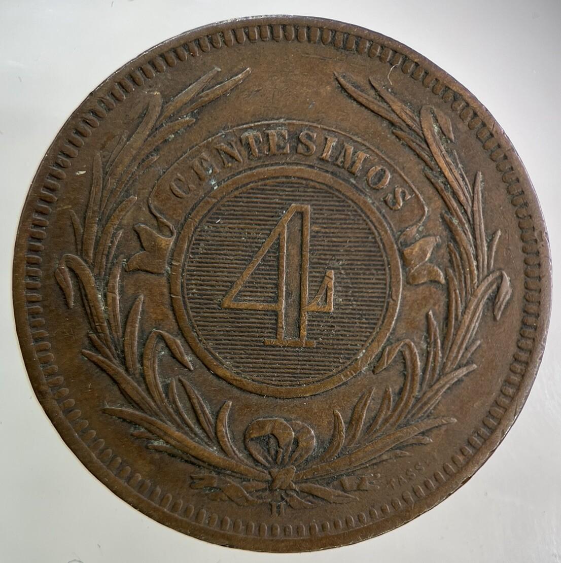 1869 Uruguay 4 Centesimos Coin | Fine Collectable Grade