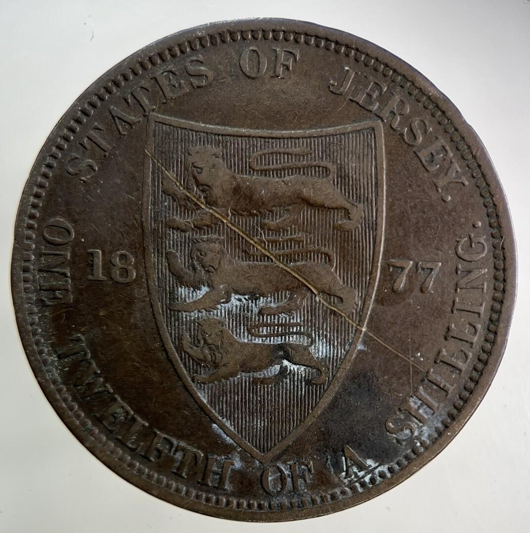1877 Jersey 1/12 One Twelfth Of A Shilling Coin | Fine Collectable Grade