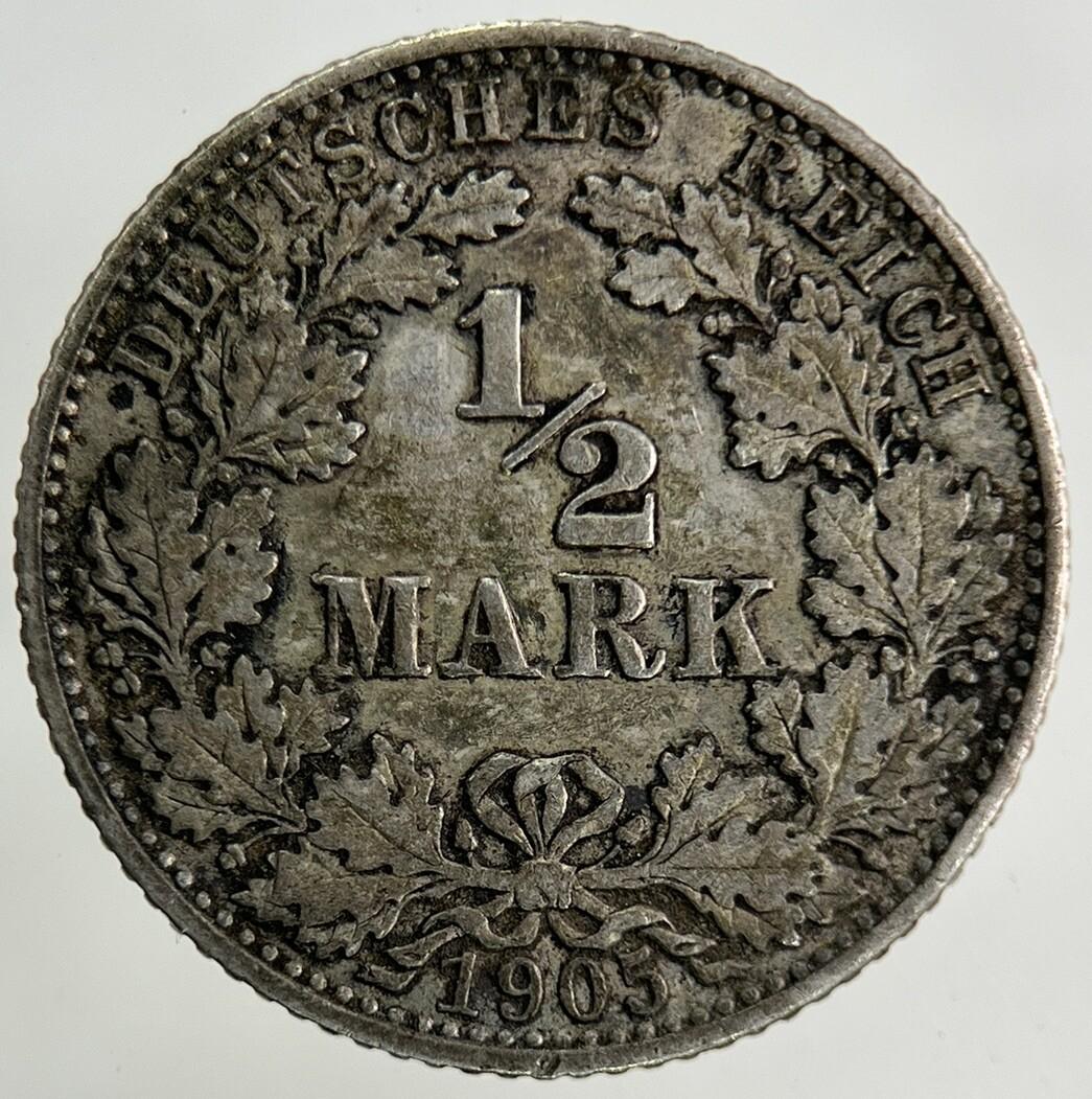 1905 Germany 1/2 Half Mark Silver Coin | Fine Collectable Grade