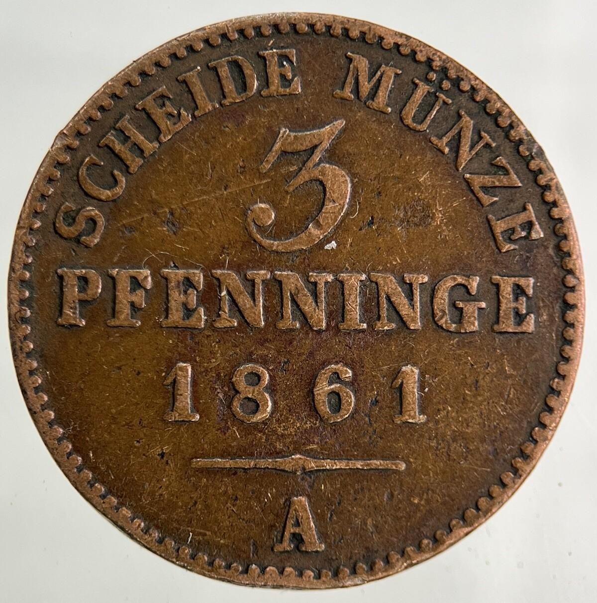 1861 Germany German States 3 Pfennig Coin | Fine Collectable Grade