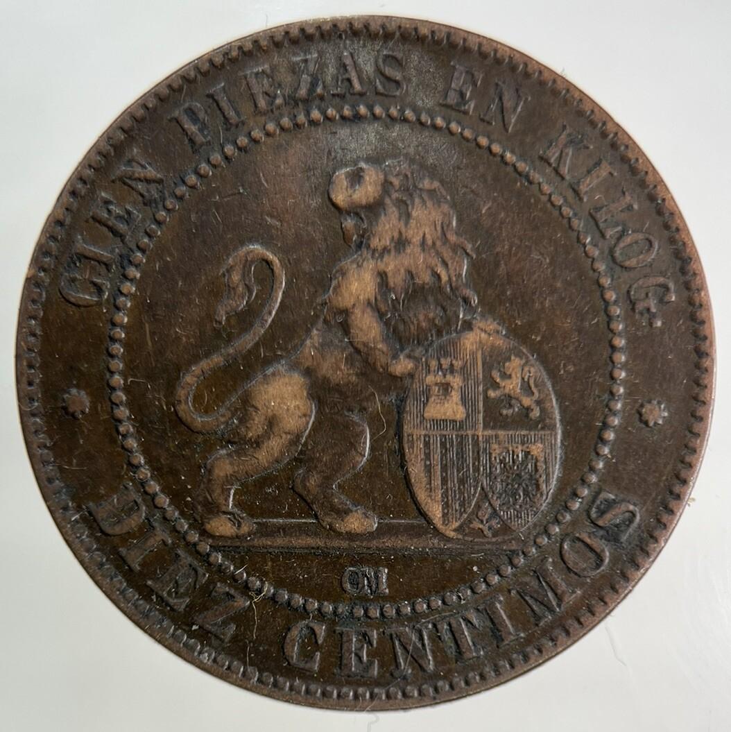 1870 Spain 10 Diez Centimos Coin | Fine Collectable Grade