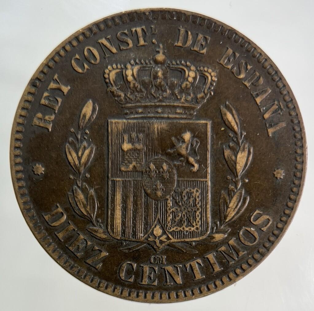 1878 Spain 10 Diez Centimos Coin | Fine Collectable Grade