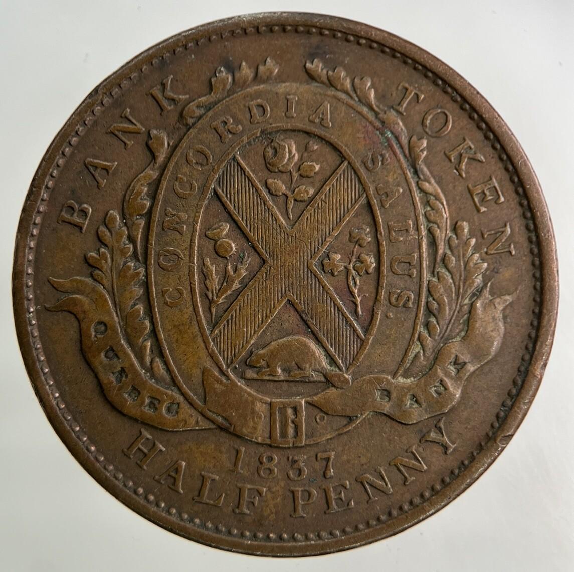 1837 Canada Bank Token Half-Penny Coin | Fine Collectable Grade