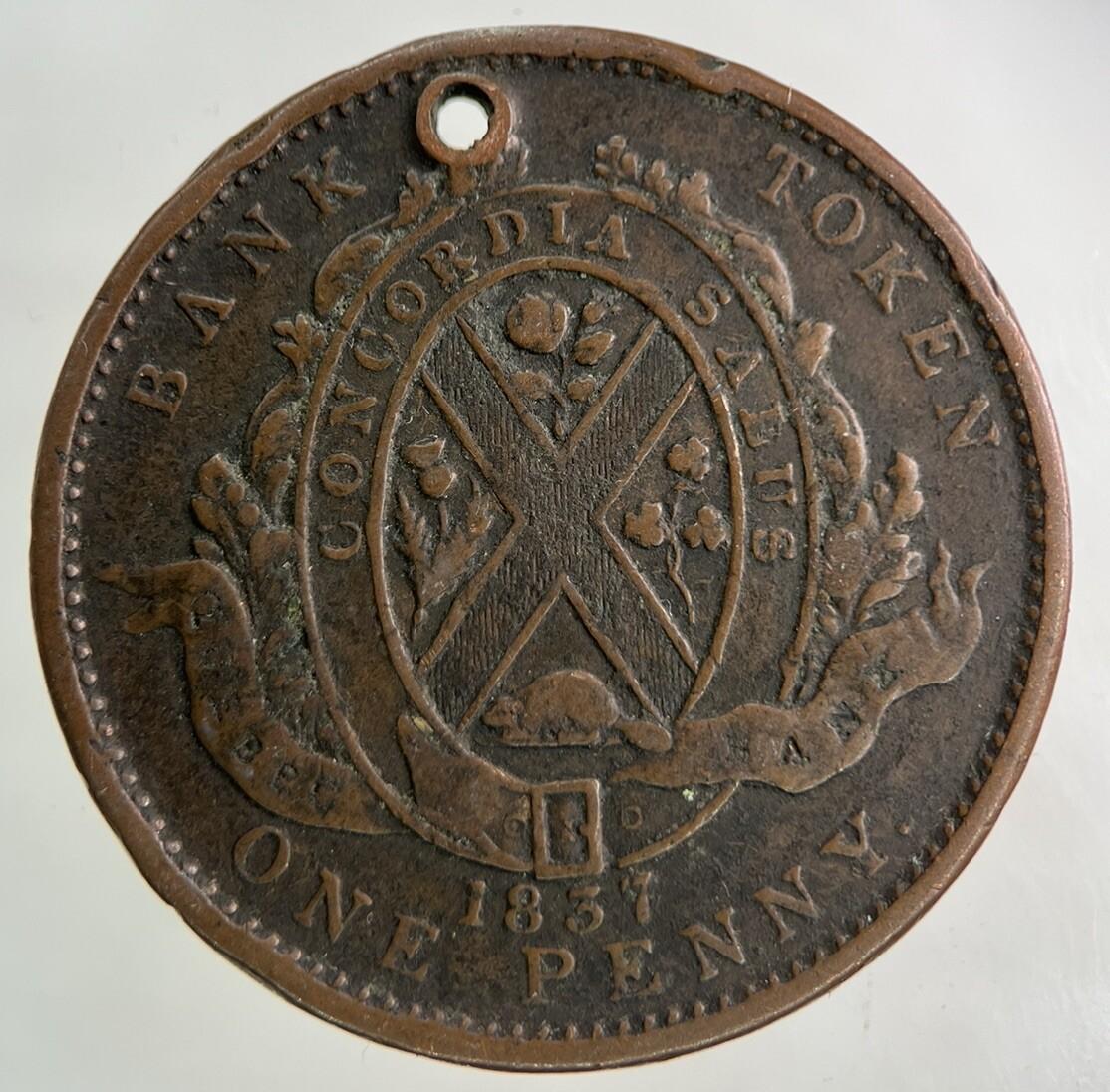 1837 Canada Bank Token One Penny Coin | Fine Collectable Grade