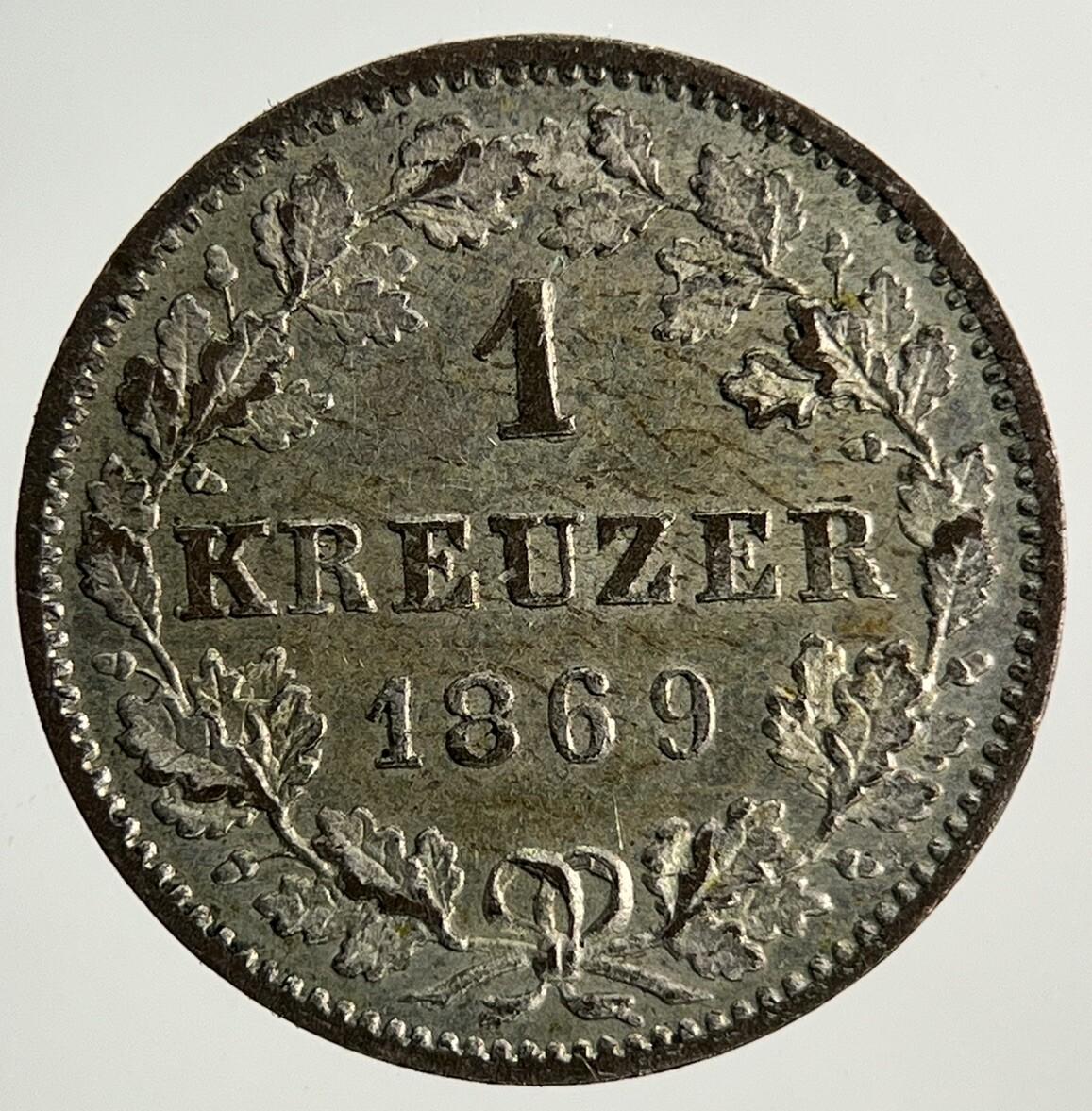 1869 Germany German States 1 Kreuzer Silver Coin | Very High Grade