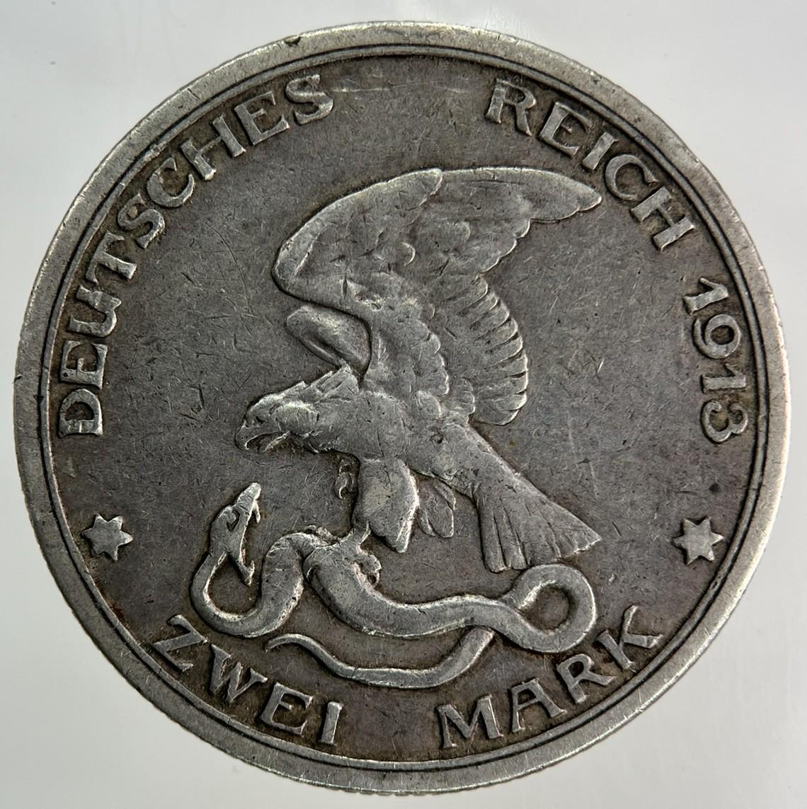 1913 Germany Zwei 2 Mark Silver Coin | Fine Collectable Grade