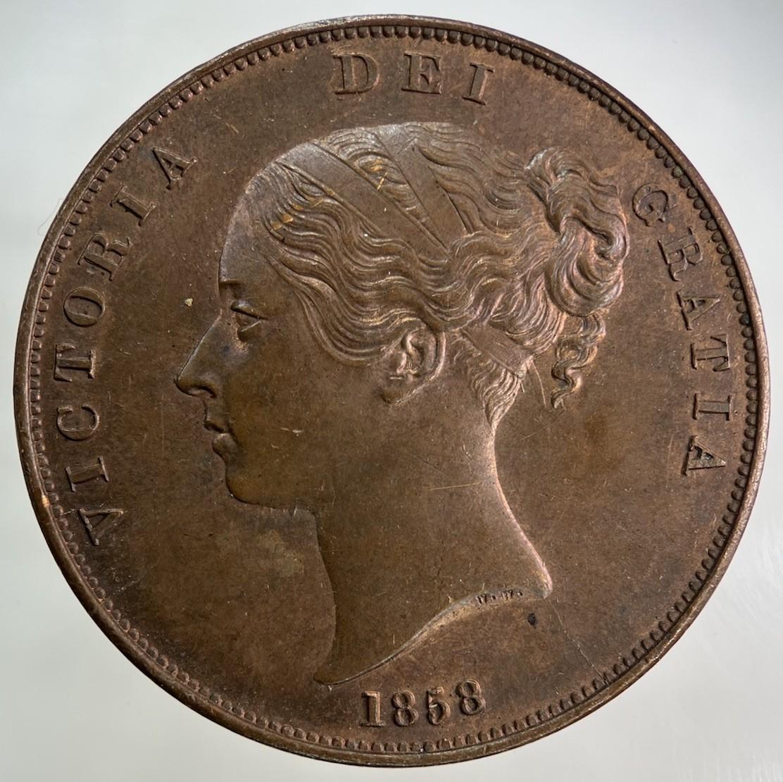 1858 Victoria One Penny Coin | Very Fine Grade