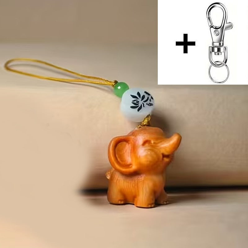 Mini Carved Wooden Elephant Phone Charm Hanger + Metal Clip Keyring Gift UK