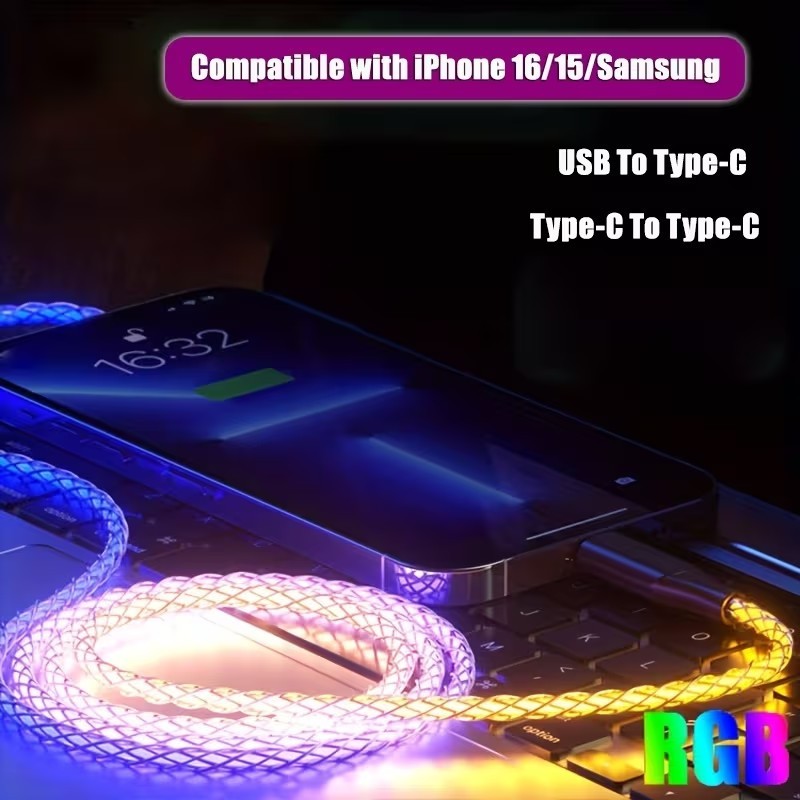 Type - C to Type - C Multi - Coloured RGB Flowing LED Cable Charging Multi Charger