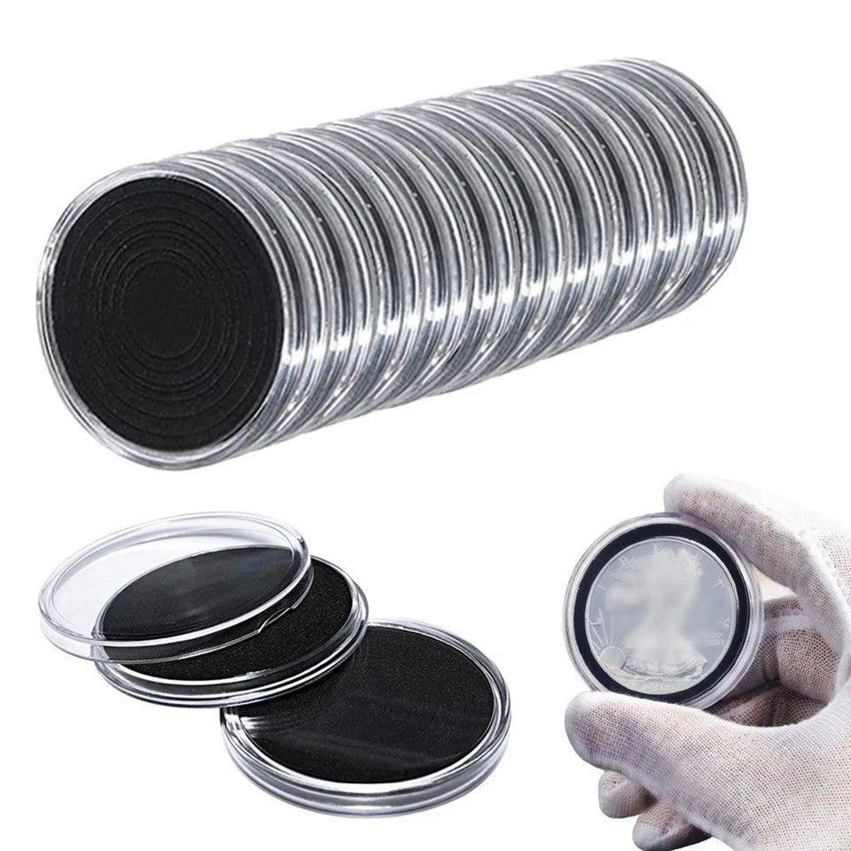 10 x Coin Storage Protective Clear 30mm Capsule + Black Adjustable Foam Insert