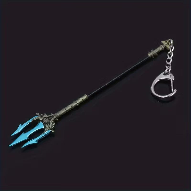 Metal Black & Blue Poseidon Trident Fork Keyring Premium Keychain Gift UK
