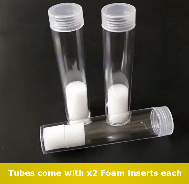 2 x 25mm Coin Storage Tube - Transparent With Screw Lid - Other Sizes Available